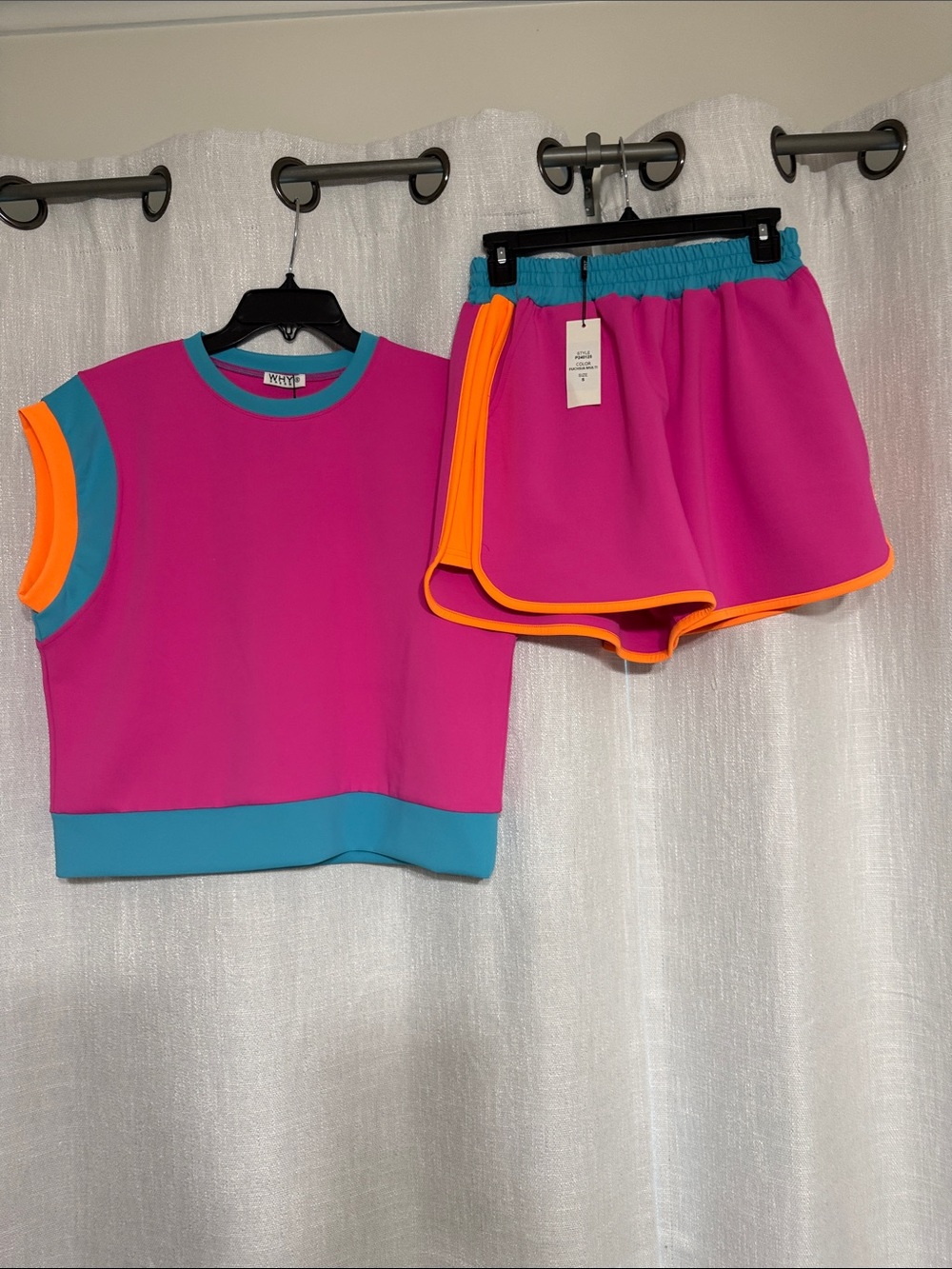 WHY Dress brand small Bright Pink & Teal Two-Piece Set with Neon Orange Trim NWT